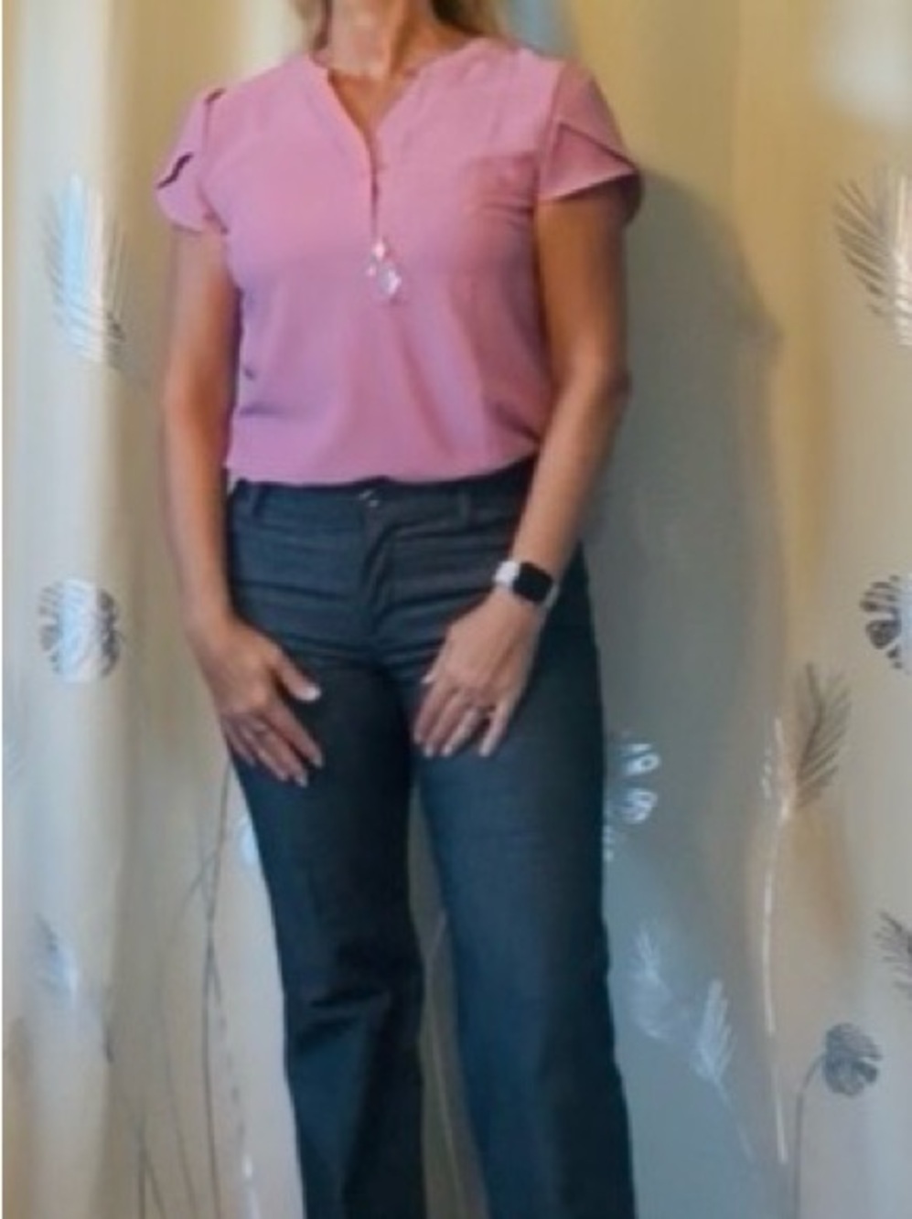 Women's Short Sleeve V-Neck Blouse With Flutter Sleeves- Mauve Pink - Picture 3 of 6